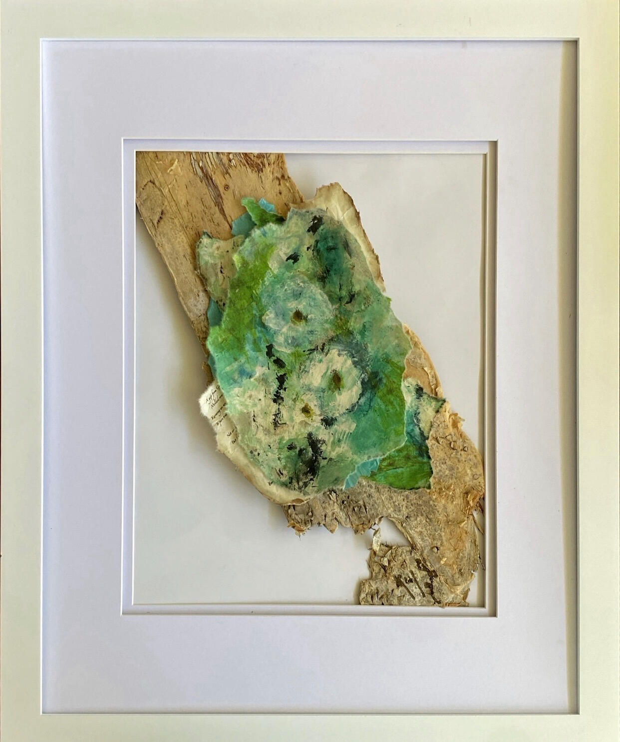 Treasure in the Fragments: Abstract painting copied onto rice paper with hidden parts of a devotional poem mounted on birch bark "Built organically without traditional adhesives, this pressure-mounted piece explores the beauty found in the hidden parts of