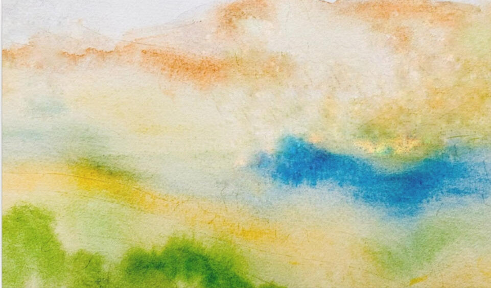 Horizon of Hope: Abstract Watercolor on Canvas (2020): "Emerged from a personal search for peace during a time of global uncertainty, this abstract landscape mirrors the quiet, hazy beauty of a mountain horizon. Using a fluid, wet on wet technique, the ear